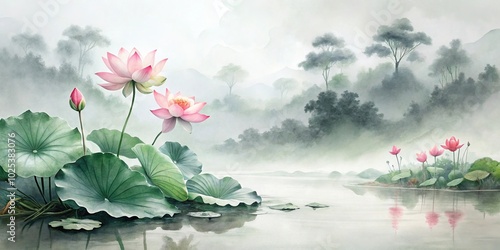 Fototapeta Naklejka Na Ścianę i Meble -  Chinese Ink wash painting of wide-angle lotus flowers and river