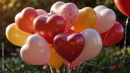 Bunch of colorful balloons floating in garden setting, valentine s day 