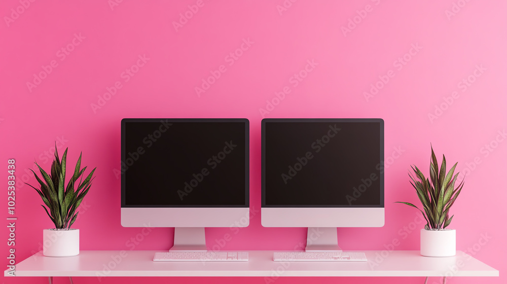 Modern workspace featuring two computer monitors on a sleek white desk against a vibrant pink wall, complemented by stylish green plants. Modern workspace featuring two computer monitors on a sleek white desk against a vibrant pink wall, complemented by stylish green plants.