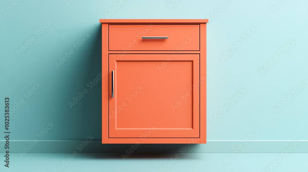 Stylish orange nightstand against a light blue wall, perfect for modern interior decor. Stylish orange nightstand against a light blue wall, perfect for modern interior decor.