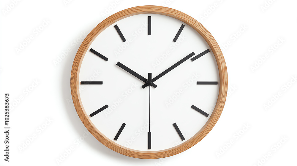 Stylish wall clock with wooden frame and minimalist design, showcasing a clear white face and black hour markers on an isolated background. Stylish wall clock with wooden frame and minimalist design, showcasing a clear white face and black hour markers on an isolated background.