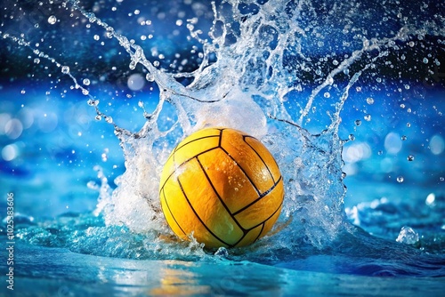 Bright water polo ball splashing in water, medium shot