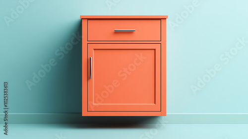 Stylish orange nightstand against a light blue wall, perfect for modern interior decor.