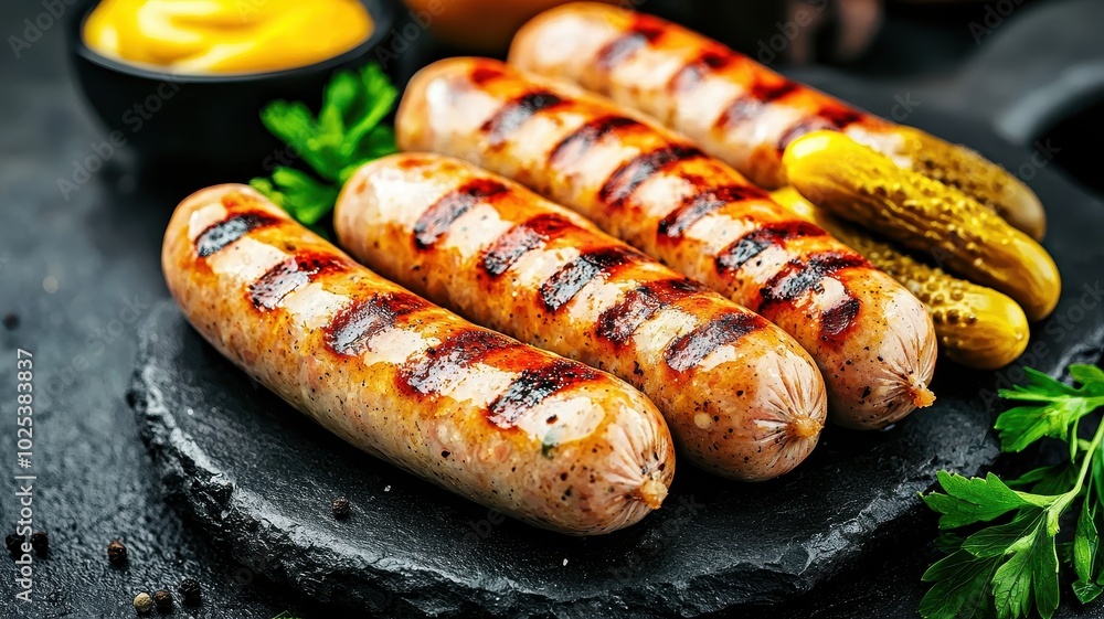 Grilled sausages served with mustard and pickles on a stone plate Grilled sausages served with mustard and pickles on a stone plate