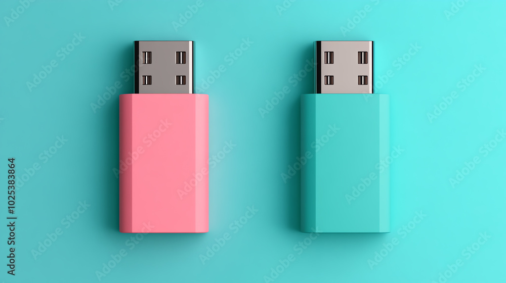 Two colorful USB flash drives in pink and teal on a vibrant turquoise background. Ideal for tech-related projects and digital storage concepts. Two colorful USB flash drives in pink and teal on a vibrant turquoise background. Ideal for tech-related projects and digital storage concepts.