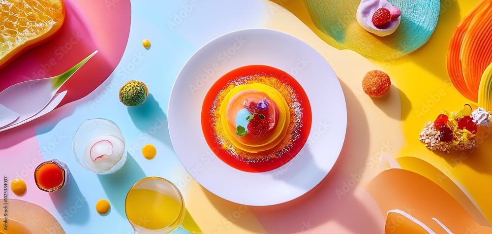 Worms-eye view of vibrant, avantgarde dishes in a utopian setting, artistic plating and colorful ingredients shine brightly Worms-eye view of vibrant, avantgarde dishes in a utopian setting, artistic plating and colorful ingredients shine brightly