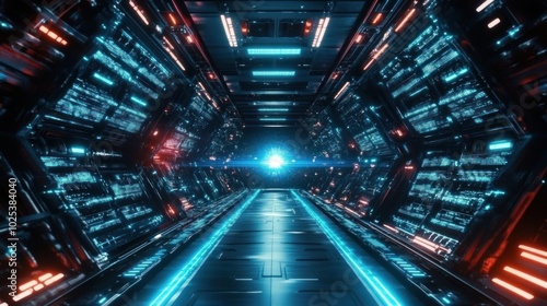 Futuristic Spaceship Corridor with Neon Lights