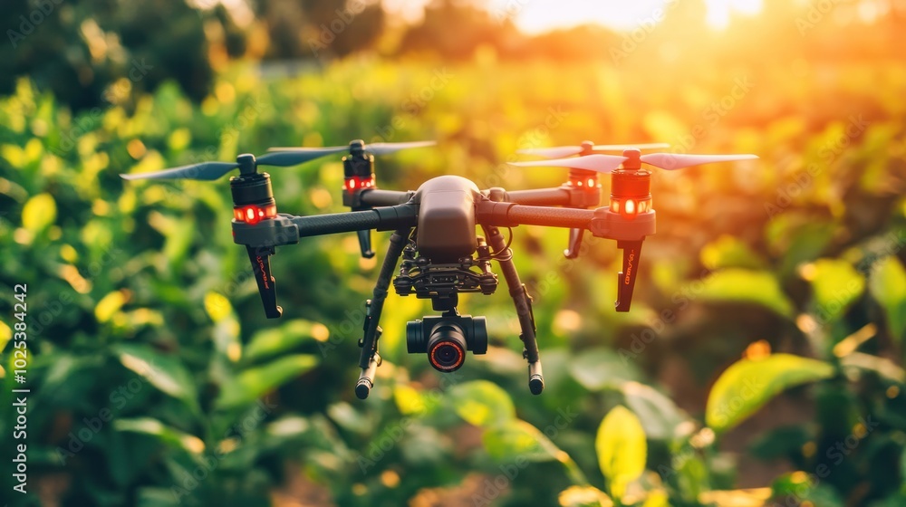 Drone with Camera Hovering Above Green Foliage at Sunset Drone with Camera Hovering Above Green Foliage at Sunset