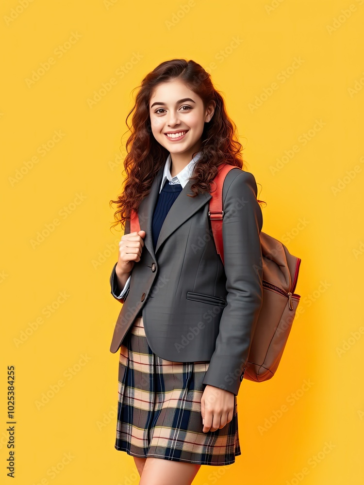 Happy Girl in School Uniform Posing with a Backpack, Casual and Confident Happy Girl in School Uniform Posing with a Backpack, Casual and Confident