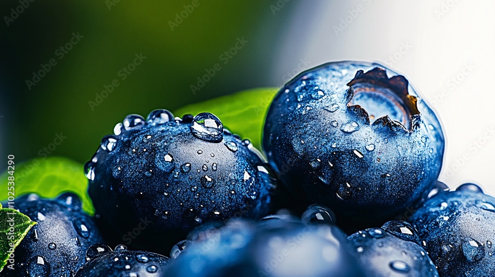 Vibrant blueberries in a close-up shot, with droplets of water glistening on their surface, showcasing their freshness Vibrant blueberries in a close-up shot, with droplets of water glistening on their surface, showcasing their freshness
