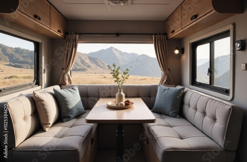 Cozy interior of a camper van with mountain views during golden hour photo