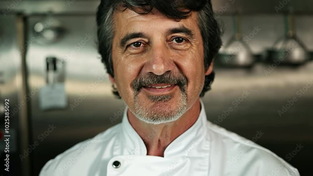 Chef exuding confidence and joy while posing in a bustling kitchen environment Chef exuding confidence and joy while posing in a bustling kitchen environment