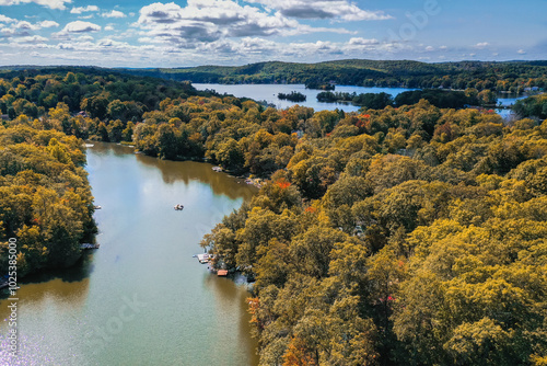 Slika na platnu Highland Lakes, Vernon Township, NJ, early fall afternoon aerial