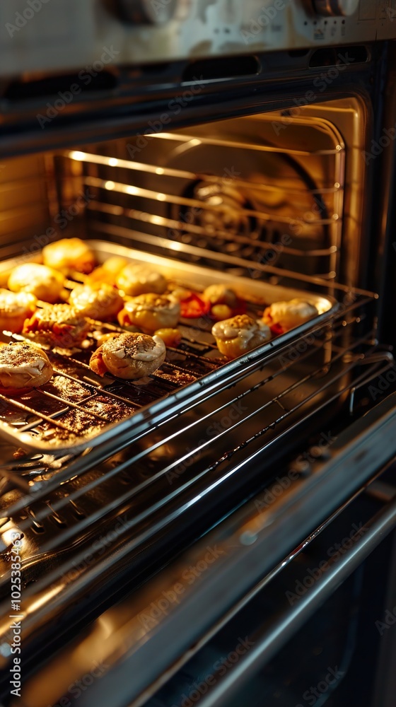 Close-Up of Stuffed Mushrooms Baking in the Oven Close-Up of Stuffed Mushrooms Baking in the Oven