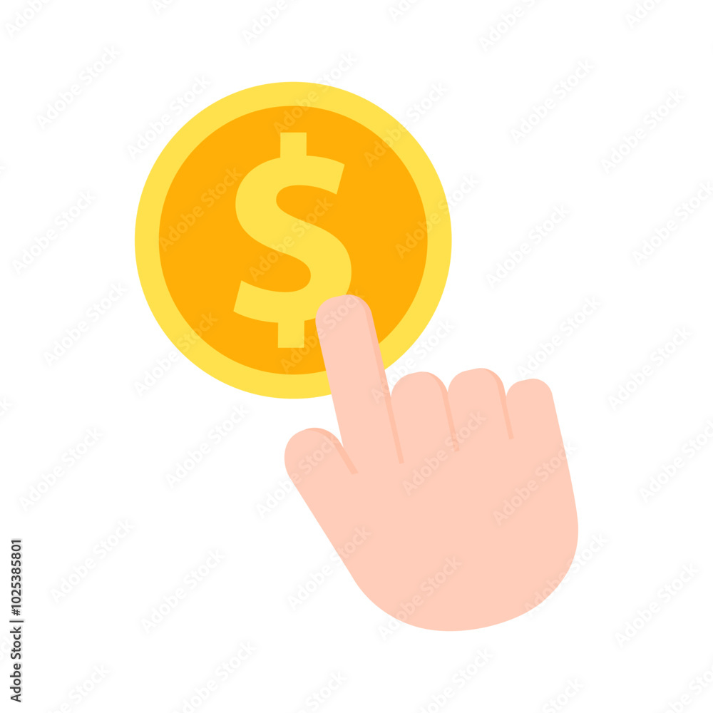 Hand clicking dollar coin. Finance, business, banking concepts. Flat vector design isolated illustration. Hand clicking dollar coin. Finance, business, banking concepts. Flat vector design isolated illustration.