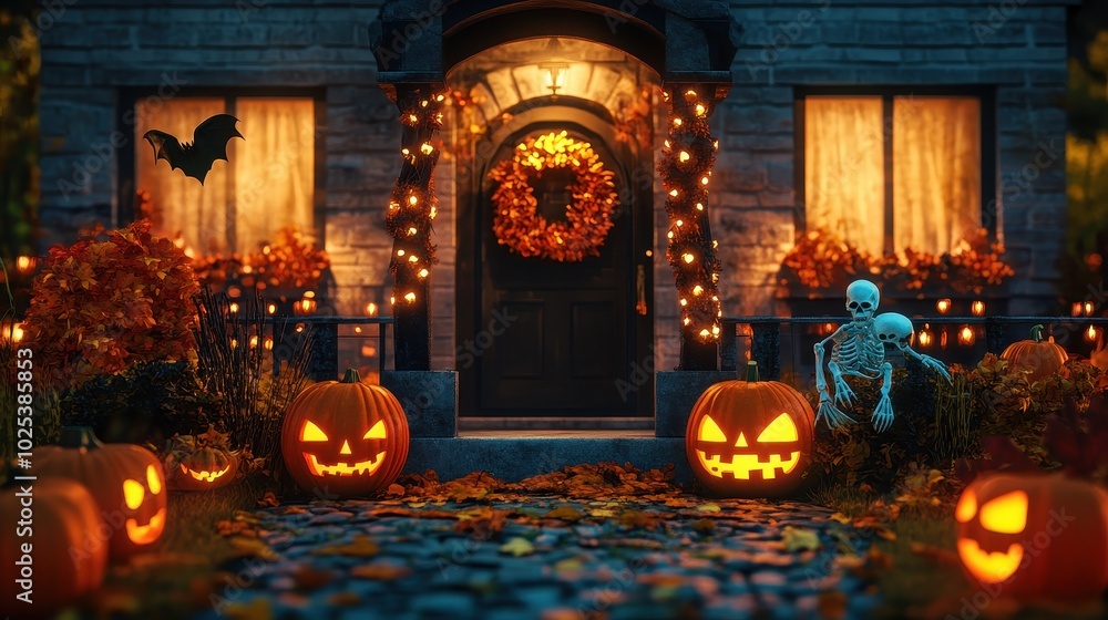 Obraz premium Jack-O'-Lanterns and a Skeleton on a Halloween Porch
