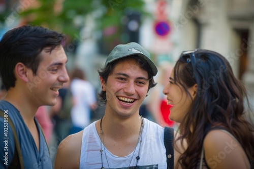 Portrait of a smiling young man and his friends in the city