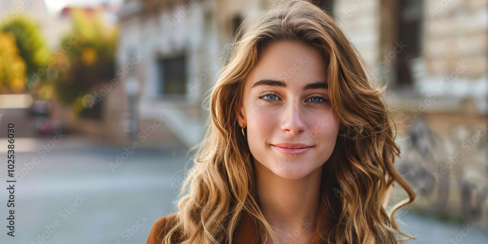 Portrait of a Young Woman with Wavy Hair Smiling in an Urban Setting Portrait of a Young Woman with Wavy Hair Smiling in an Urban Setting