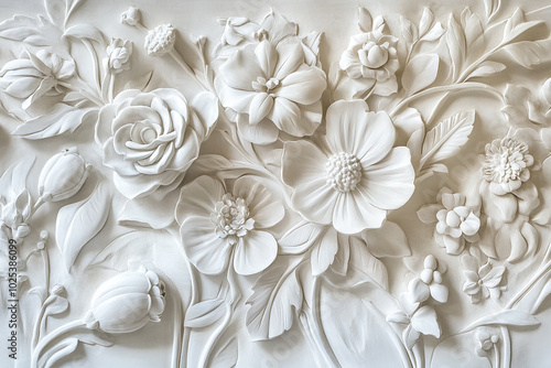 Intricate White Bas-Relief Floral Sculpture: A Delicate Masterpiece of Artistry Embellishing the Wall