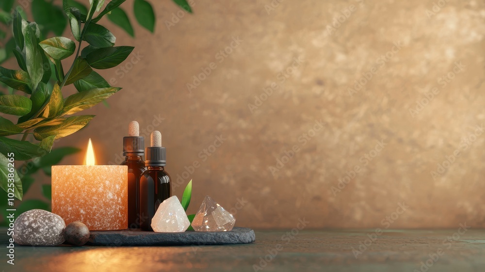 A serene arrangement of essential oils, candles, and stones in a tranquil setting. A serene arrangement of essential oils, candles, and stones in a tranquil setting.