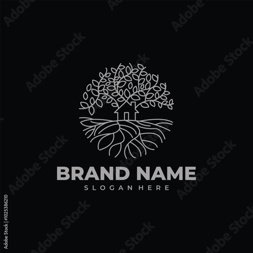 Natural Vector Tree house Logo Illustration with Tree Roots.