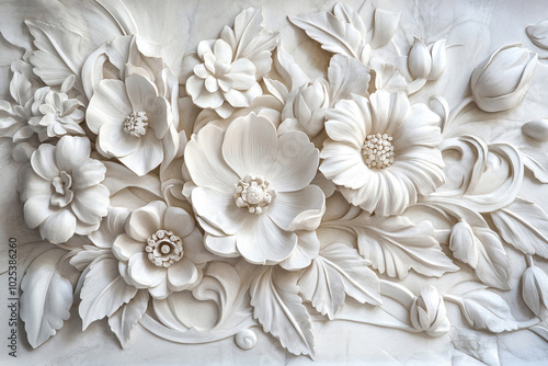 Intricate White Bas-Relief Floral Sculpture: A Delicate Masterpiece of Artistry Embellishing the Wall