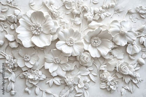 Intricate White Bas-Relief Floral Sculpture: A Delicate Masterpiece of Artistry Embellishing the Wall