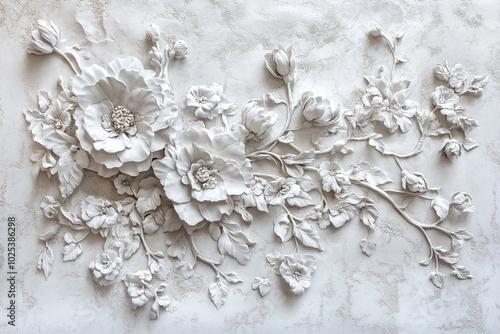 Intricate White Bas-Relief Floral Sculpture: A Delicate Masterpiece of Artistry Embellishing the Wall