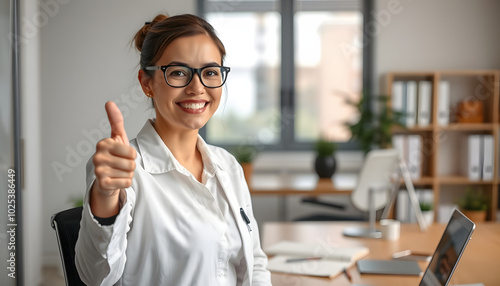 Positive female psychologist gesturing thumb up, working in office and smiling, recommending training course isolated with white highlights, png