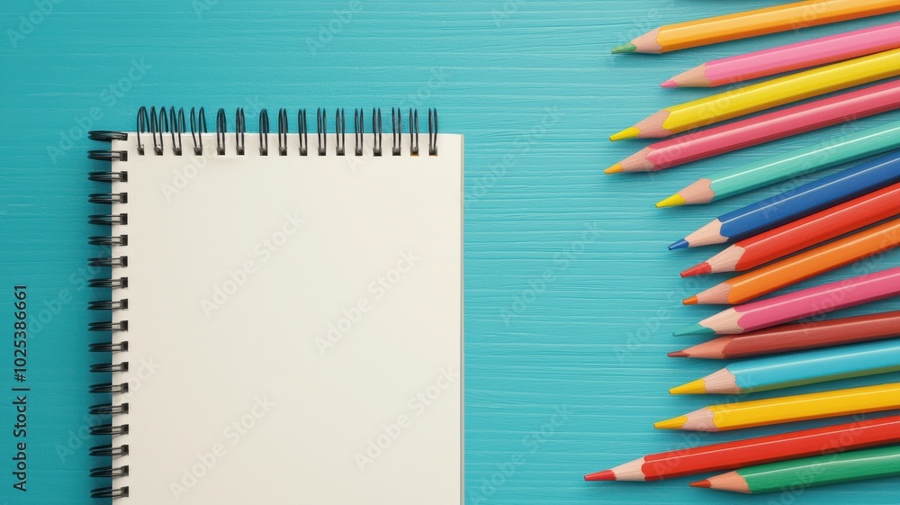 Colorful pencils and empty sketchbook on turquoise background Colorful pencils and empty sketchbook on turquoise background