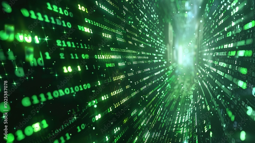 Abstract Digital Binary Code Tunnel with Green Glowing Lights Abstract Digital Binary Code Tunnel with Green Glowing Lights