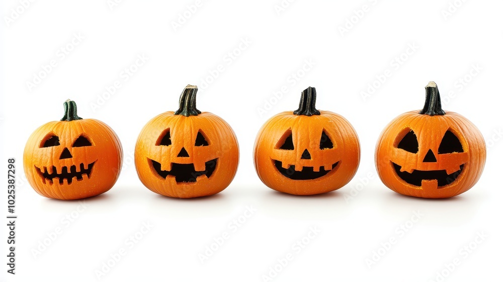 Four Carved Jack-o'-Lantern Pumpkins in a Row Four Carved Jack-o'-Lantern Pumpkins in a Row