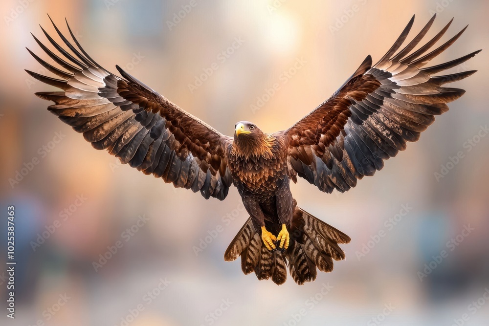 Obraz premium Majestic eagle in flight, showcasing its powerful wings and sharp features.