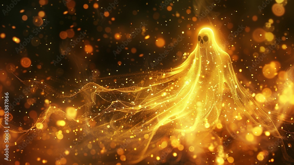 A Golden Ghost Form Glowing in a Dark Atmosphere A Golden Ghost Form Glowing in a Dark Atmosphere