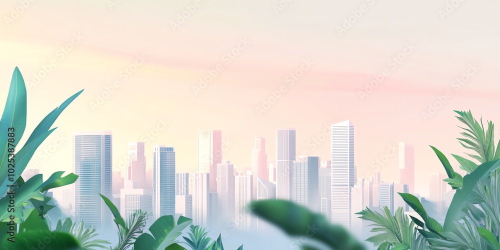Fototapeta premium Frontal view of a minimalist utopian cityscape, serene skyline with lush greenery and soft pastel colors, dreamlike atmosphere