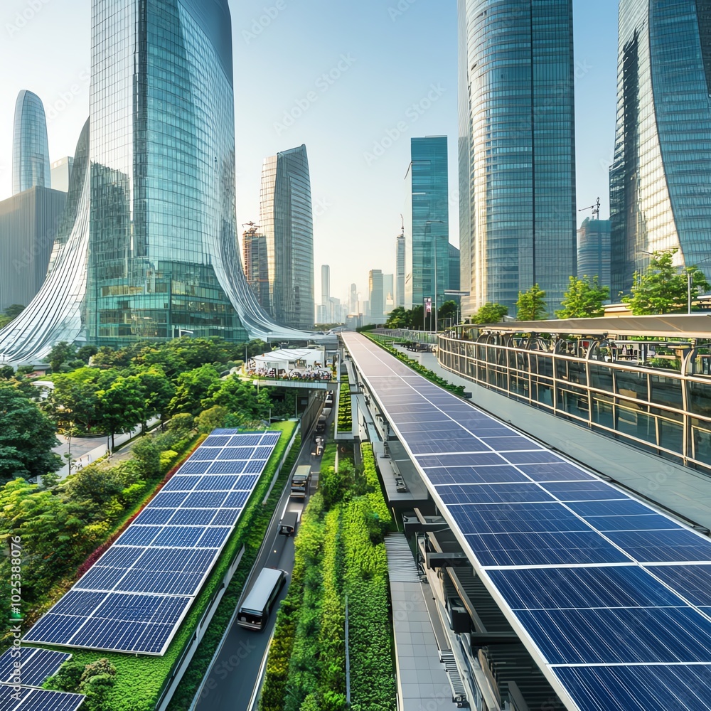 Fototapeta premium Modern city with green spaces and solar panels