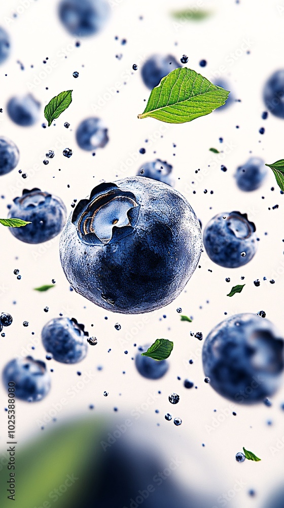 close-up of a flying swirl of blueberries and green leaves, highlighting the vibrant colors and fresh appearance of these popular seasonal berries as they float gracefully in the air close-up of a flying swirl of blueberries and green leaves, highlighting the vibrant colors and fresh appearance of these popular seasonal berries as they float gracefully in the air