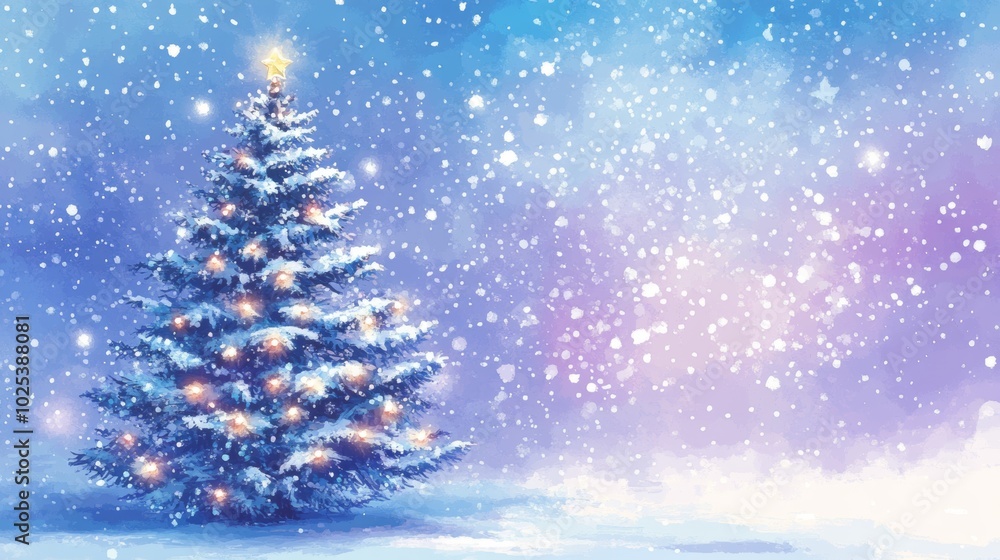 A serene, snow-covered Christmas tree stands tall under a vibrant blue and purple sky in a peaceful winter landscape A serene, snow-covered Christmas tree stands tall under a vibrant blue and purple sky in a peaceful winter landscape