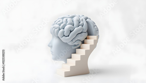 Brain psychology mind freedom soul success and hope idea concept art, 3d illustration, surreal artwork, imagination painting, conceptual idea, human head with stair isolated with white highlights, p
