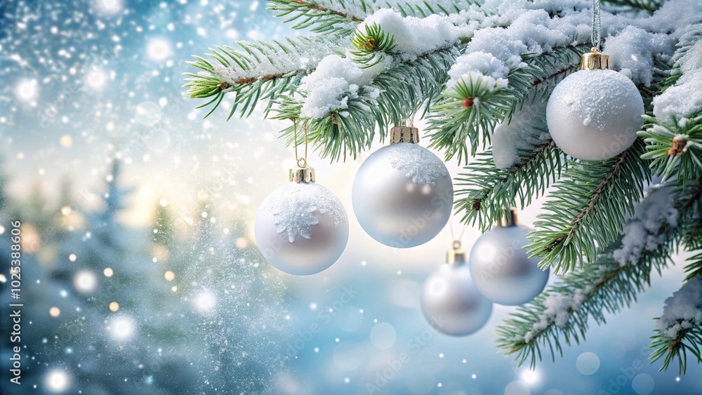 Christmas background with snowy fir tree branch and white shiny baubles Christmas background with snowy fir tree branch and white shiny baubles