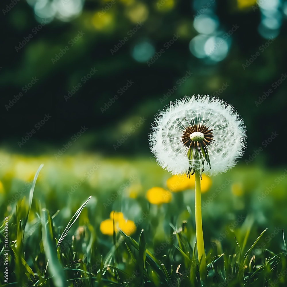 Dandelion flower on a green meadow with dandelions Dandelion flower on a green meadow with dandelions