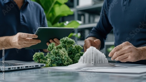 Professionals discussing sustainable design with models and fresh produce.