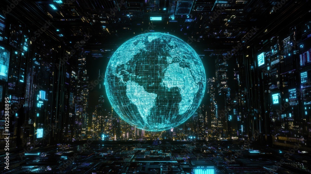Fototapeta premium Futuristic Cityscape with Holographic Earth Globe