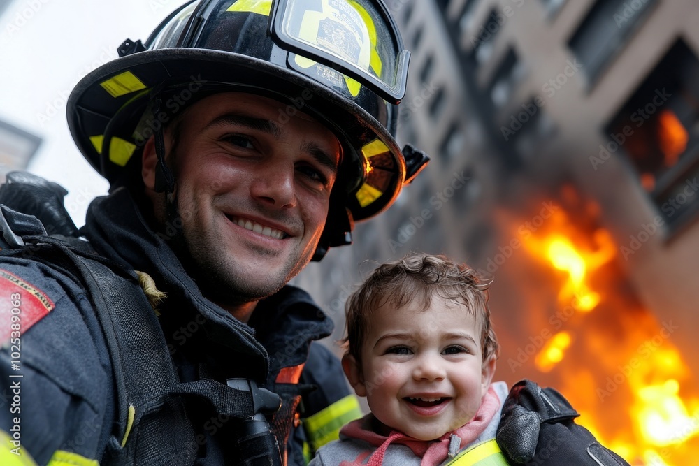 Firefighter rescuing a child from a burning building, with flames in the background, illustrating the bravery and risk involved in putting others’ lives before their own Firefighter rescuing a child from a burning building, with flames in the background, illustrating the bravery and risk involved in putting others’ lives before their own