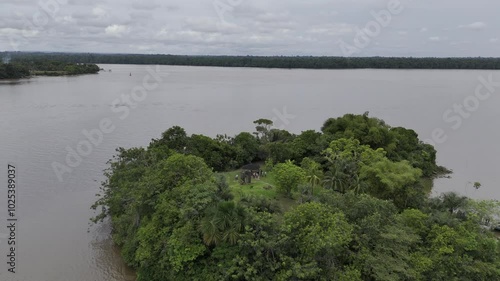 Drone flies over Kykoveral Island on the Essequibo River in Guayana photo