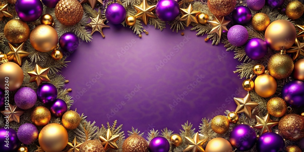Christmas frame border with purple and gold ornaments close-up macro Christmas frame border with purple and gold ornaments close-up macro