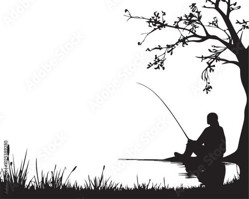 Silhouette of a person sitting by a lake with a fishing rod, fisherman fishing on lake silhouette vector