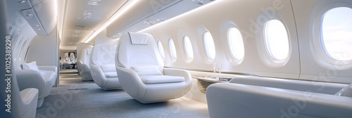 cinematic shot of a leather first class white plane seat and a cushion photo