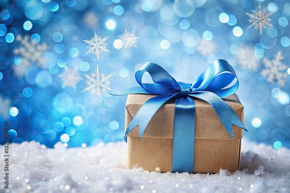 Christmas gift box with blue ribbon on snowflake background low angle view Christmas gift box with blue ribbon on snowflake background low angle view