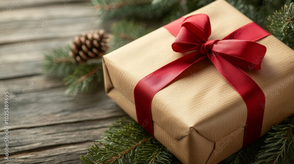 A beautifully wrapped gift in brown paper with a red ribbon and pine branch, perfect for a rustic holiday celebration A beautifully wrapped gift in brown paper with a red ribbon and pine branch, perfect for a rustic holiday celebration